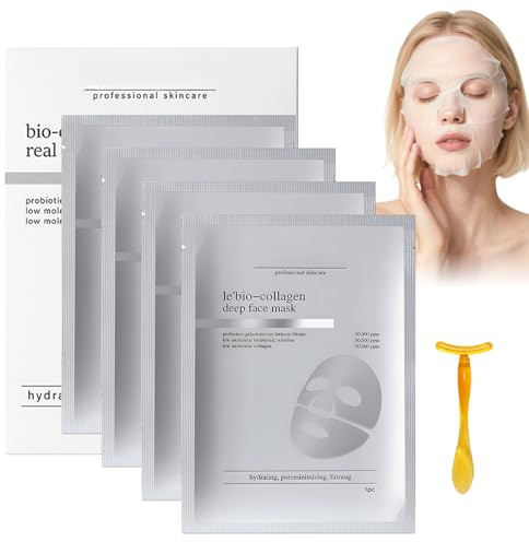 4 Pcs Mascarilla de Colageno Facial Collagen Mask Mascarilla Facial Colageno Suave y de Ajuste Perfecto Hidrata Profundamente Reduce Arrugas Reafirma La Piel con 1 Masajeador en Rostro