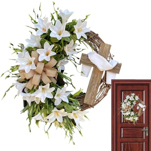 Ghirlanda Pasquale - Decorazione Croce Giglio Bianco | Ghirlanda Per Porta D'ingresso | Decorazione Pasquale Per Cucina, Camera Da , Soggiorno, Festa Di Famiglia, Festa, Matrimonio, Festá Di Prim