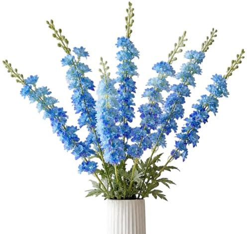 8PCS Blue Artificial Delphinium Flowers 33.5 Long Stem Silk Flowers | Faux Delphinium Flower Tall Blue Artificial Flowers Fake Larkspur Flower for Tall Vase Wedding Table Floral Arrangement Decor