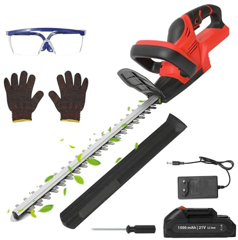 Taille Haie Batterie,21V Taille-Haie Électrique sans Fil avec 7500Mah Batterie,Double Lame De Coupe,Lame Asymétrique Ecartement 15mm,Taille-Haies sans Fil,Cisaille Haie pour Jardin et Arbustes (Rouge)