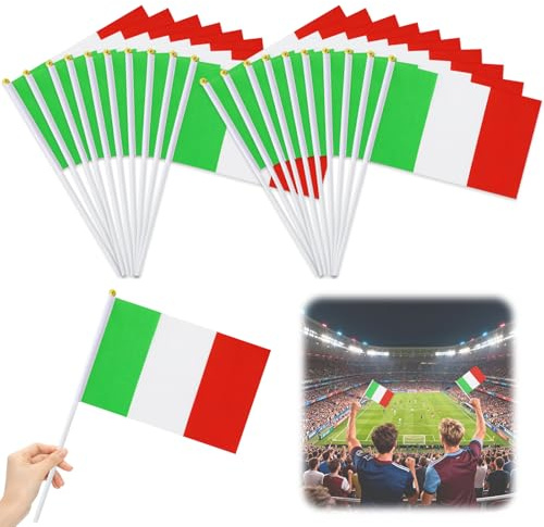 20 banderas italianas de mano con mástil, de poliéster, 14 x 21 cm, ideales para eventos deportivos, fiestas nacionales y decoración de bares.
