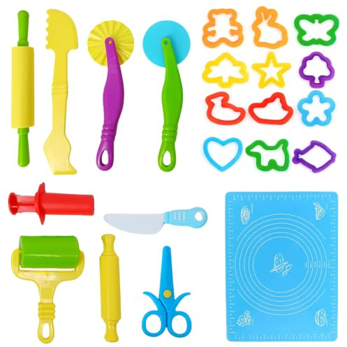 QingWing 22 Pièces Pate a Modeler Accessoire avec Rouleaux à Pâtisserie | Ustensiles Pate a Modeler, Emporte Pièces, Tapis en Silicone, Jouet éducatif Multicolore, pour DIY et Autres Activités
