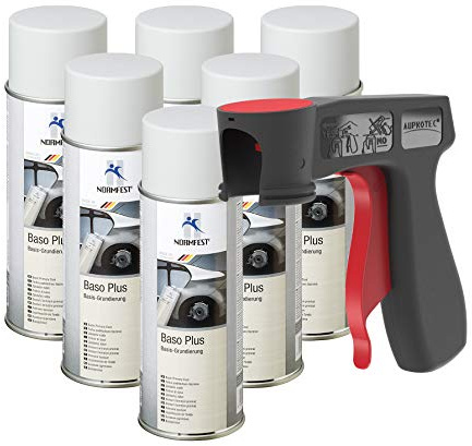 AUPROTEC Pistolengriff + Normfest Grundierung Haftgrund Füller Baso+ Lack Rostschutzgrundierung Spray grau 6x 400ml