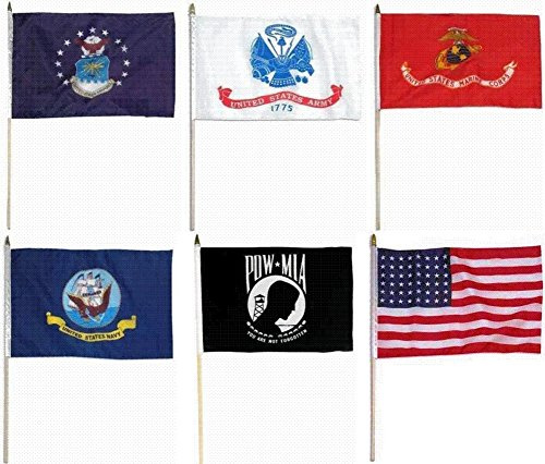 12x18 U.S. Military Branches with POW MIA Pow MIa and U.S. USA America Set of 6 12x18 Stick Flags with wooden stick staff.