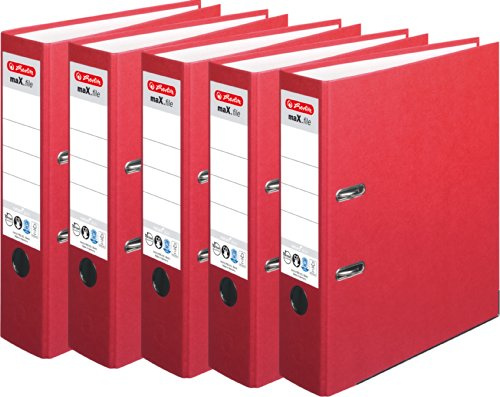 HERLITZ Ordner maX.file nature+ A4 8cm | Kraftpapierbezug selbstklebendes Rückenschild | 5er Sparpack in diversen Farben zur Auswahl (breit 8cm, rot, 5er Pack)