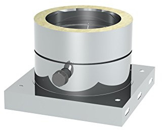 Schornstein - Grundplatte DW doppelwandig mit 1/2“ Außennippel, Verschlusskappe und Kondensatablauf seitlich; Innen/Außen je 0,5 mm Wandstärke; Ø 150mm Innendurchmesser, Edelstahl