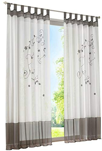 BAILEY JO 1er-Pack Gardine Schlaufen Gardinen mit Blumen Bestickt Transparent Voile Vorhang (BxH 140x145cm, grau)