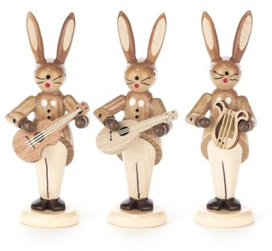Rudolphs Schatzkiste Osterhasenfiguren Hasentrio mit Gitarre, Mandoline und Lyra, Natur - Osterhase - Osterdeko – Osterfigur - Holzfiguren – Handarbeit aus dem Erzgebirge - Höhe ca. 8 cm - NEU
