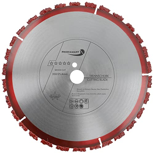 PRODIAMANT Disque à tronçonner professionnel WoodCut 350 mm x 25,4 mm Disque à tronçonner en carbure pour le bois, les racines d'arbres, le bitume et le carton bitumé pour toitures