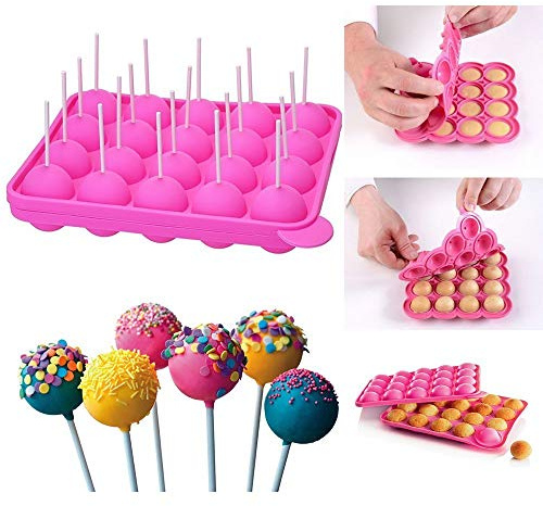 Queta Backform Cake Pop Formen, 20 runde Lollipop Form Tablett Silikonform für Cupcakes, Süßigkeiten, Gelee und Schokolade, antihaftbeschichtet, Pink