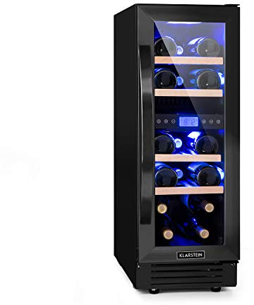 KLARSTEIN Built-In Wine Cooler Fridge, Dual Zone Wine Fridge with Glass Door, 53L Slimline Drinks for Beer & Chiller Bottle for Home Pub, Indoor/Outdoor Bar 17 Bottles
