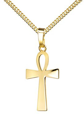 JEVELION Kreuz-Anhänger Henkelkreuz Ägyptisches Kreuz in Hochglanz poliertes Gold-Kreuzanhänger mit Panzerkette für Damen, Herren und Kinder als Ketten-Anhänger + Schmuck-Etui