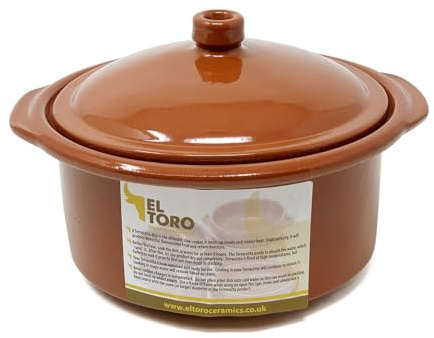 Verano Spanish Ceramics El Toro Authentic Terracotta Cookware Round Lidded Casserole Oven Dishes - Home Café Restaurant Cooking Dining Oven Stew Soup Baking Roasting Dishware - 20 x 9cm (H) & 1.5 (L)