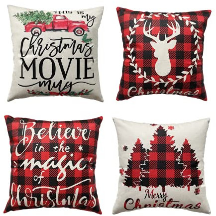 OYIMUA Deko Kissenbezug 45x45 4er Set Kissenbezüge Weihnachten Leinen für Gartenlounge Couch Dekokissen Kuschelkissen Wohnzimmer Kissenhülle Garten Outdoor Kissen Sofakissen Couchkissen Zierkissen