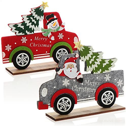 com-four® 2 decorazioni natalizie in feltro - supporto decorativo - decorazioni per la tavola di Natale - Babbo Natale e pupazzo di neve con auto come figure di feltro (Pick up - grigio rosso)