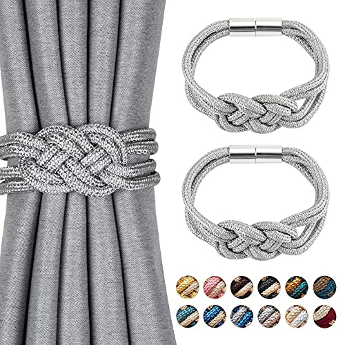 Pretty Jolly 2 Stück Starke Magnetische Raffhalter für Vorhänge, Dekorative Vorhang-Raffhalter, Handgewebtes Seil, Knoten-Vorhanghalter für Zuhause und Büro, Fenstervorhänge (Silbergrau)