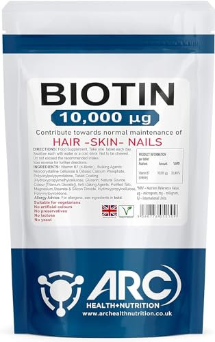 Biotin 10,000mcg Hair Growth Supplement, Vitamin B7, 365 Tablets Suitable for Vegetarian and Vegan, Made in UK