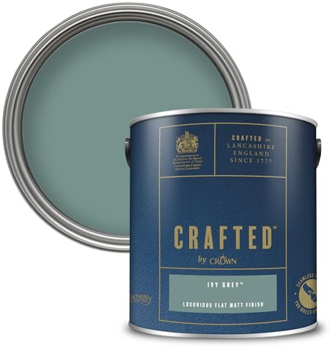 Crown CRAFTED Ivy Grey Matt Emulsion Dark Green Paint 2.5L | Dark Green velvety flat matt finish for interior walls, ceilings & wood. Soft to touch, hides imperfections, low VOC