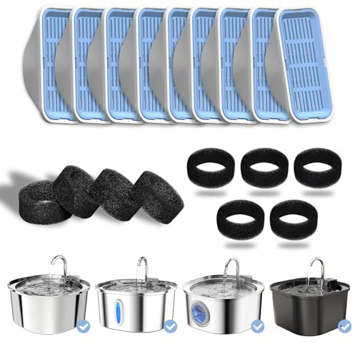 PEKTACO Filtres de Fontaine à Eau pour Chat Remplacement et éponges de pré-filtrage pour Fontaine pour Animaux de Compagnie de 3,2 L/108 oz (Paquet de 9)
