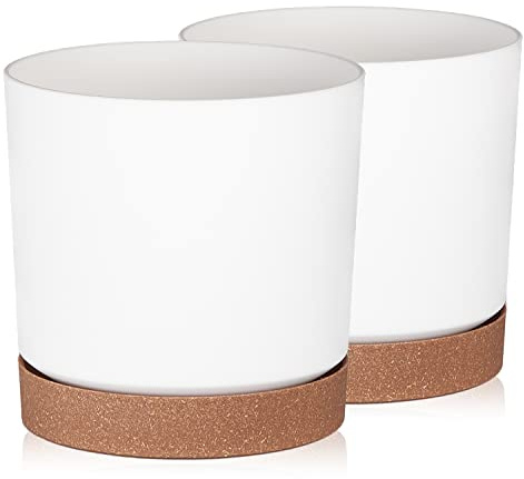 Tymar Macetero con plato, paquete de 2 unidades, maceta decorativa de plástico, forma redonda, moderna, para interiores (diámetro 35 cm, 2 unidades) KOR blanco