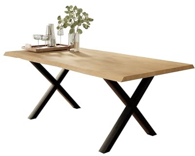Liadomo Esstisch 120x80 Isa Natur, Baumkantentisch, Akazie Massivholz Tisch, 26mm Tischplatte Lackiert, Robust & Pflegeleicht, Unikat, X-Gestell Metall schwarz