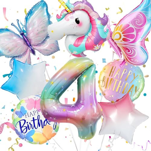 Konoz Einhorn Geburtstagsdeko 4 Jahre Mädchen - Luftballon, Folienballon 4, Schmetterling Deko - Kindergeburtstag Dekoration