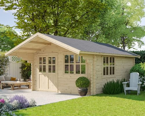 Gartenhaus Holzhaus Blockhaus Hütte 4x5m 44mm mit Fußboden Dachüberstand
