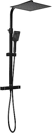 Konfiur Regendusche Schwarz, Quadratisch Duschset Wandmontage Duscharmatur Komplettset, Modern Duschsystem mit Armatur Handbrause Regenpaneel 30x 30cm, Thermostat Dusch Set für Badezimmer, 80-120cm