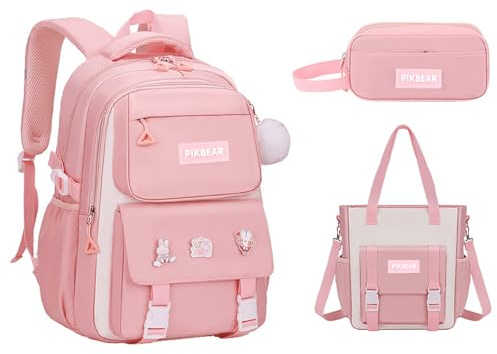 Damaiyiyi Ryggsäck för flickor 3-delat set skolryggsäck söt emblem plyschhänge tillbehör, Rosa, L