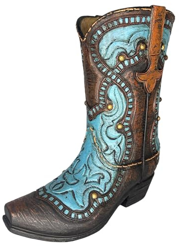Cowboy Boot Flower Vase – 8 7/8” Tall with Tooled Leather Details and Teal Blue Accents – Decorative Modern Rustic Western Décor – Floral or Stand-Alone Decoration