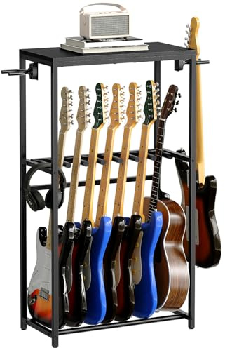 MAHANCRIS Gitarrenständer, 2-Stöckiger Gitarrenständer für Akustikgitarre, E-Gitarre, Bass, Ukulele, Banjo, Plattenspielerständer, mit Gitarrenzubehörständer, EVA-Schutzfolie, Schwarz AGSHB6701