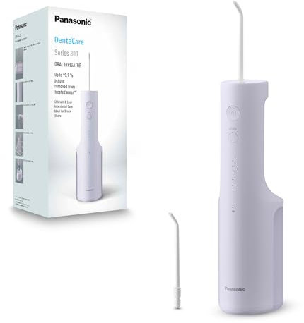 Panasonic Series 300 Water Flosser for Teeth, Cordless EW-DJ26-V311, 99.9% Plaque Remover, 200ml, IPX7, 2 Regular Nozzles, 5 Pressure Settings, Oral Irrigator for Home & Travel, Purple