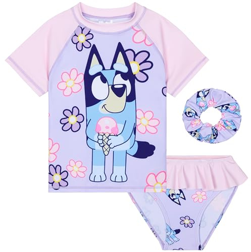 Bleuy Maillot de Bain Fille Une Pièce Manches Longues ou Ensemble Rashguard Enfant et Bébé pour Plage Piscine Vacances (7-8 Ans, Lilas avec Chouchou)