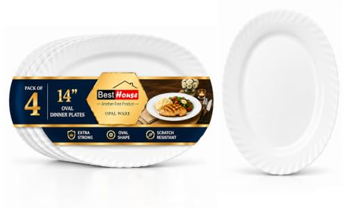 BH | Opalware Oval Dinner Plates White | 14 Inch / 35.5 cm | Pack of 4 | Multipurpose Serving Platter for Dinner, Starters, Salads & Snacks | Microwave, Oven & Dishwasher Safe - By Best House
