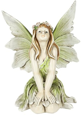 Pevfeciy Elfen Figuren Feen Statue Harz Gartenfiguren & gartenstatuen Gartendeko für draußen,Europäische kreative Gartenfeen-Ornamente,Sitzende Elfen Skulptur mit Flügeln H 26cm,Grün,B