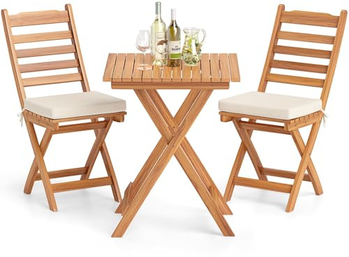 FANTASK Bistrosets für die Terrasse, 3tlg. Möbelset aus Akazienholz Set, klappbares Balkonset mit 2 Stühlen für Balkon, Natur (Horizontal)