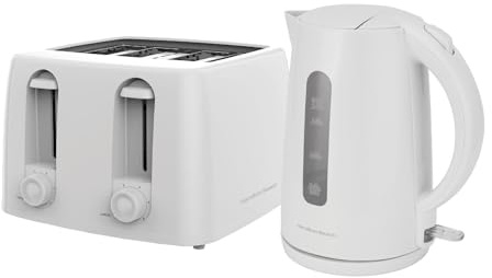 Hamilton Beach Kettle and Toaster Set, Electric Kettle, 1.7L, Toaster 4 Slice, Boil Dry Protection, Fast Boil, Space Saving, 7 Browning Levels, Defrost, Reheat & Cancel, White - HB13015032WST