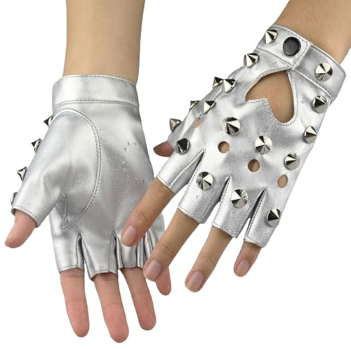HSTWODE 1 Paar Punk Handschuhe Fingerlos, Stilvolle Fingerlose Leder,aus Leder Nieten Punk-Handschuhe für Halloween Cosplay Performance