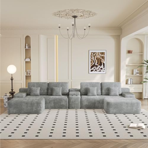 KEIKI 150 U-Shaped Oversized Corduroy Modular Sectional Sofa with 2 Ottomans and Multi Functional Console, 6-Seater Upholstered Couch with USB and 2 Cup Holder, Easy Assembly, for Living Room, Grey