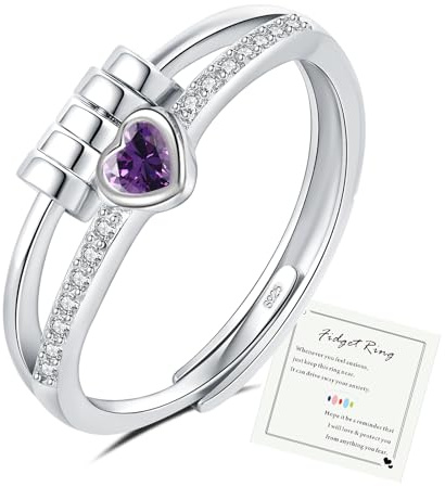 HEEYA Anxiety Ring für Damen Silber Ringe mit Geburtssteinen Herzring Angst Ringe Offen Verstellbar Anti-stress-ring mit Perlen Spinner Fidget Ring Frauen Hypoallergen Stimmungsring gegen Stress