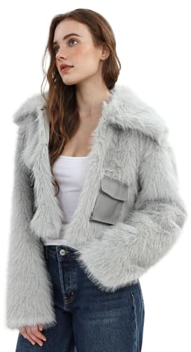 Amazhiyu Cappotto da Donna in Pelliccia Sintetica,Giacca Corta con Revers,Calda e Morbida Cappotti Invernali con Tasche Grigio L