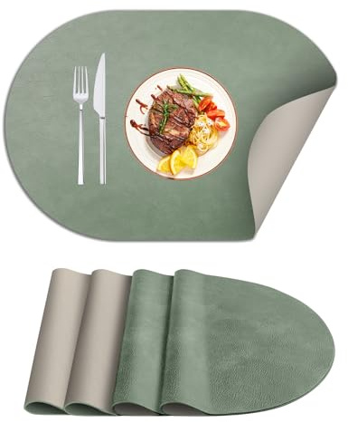 MiKoyi Tischsets Abwaschbar, 4er Set Oval Leder-Imitat Platzdeckchen Platzsets, Doppelseitigen Platzset, Abgrifffeste Hitzebeständig Tischsets, Lederoptik Platzset für Küche 45x30cm (Grün Weiß)