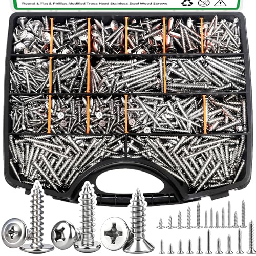 YTSyljlxx 810PCS Stainless Steel Wood Screws Assortment Kit,#8/M3/M4/M5/M6 Self Tapping Screws,304 Stainless Steel Pan Head & Flat Head & Phillips Truss Head Self Tapping Screw for Wood