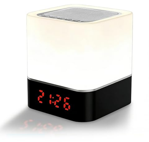Altoparlante Bluetooth Sveglia: altoparlante Bluetooth con orologio, sveglia e lampada da comodino LED, touch dimmerabile, 7 colori, lettore MP3 digitale, altoparlante, scheda SD, USB, Bluetooth, per