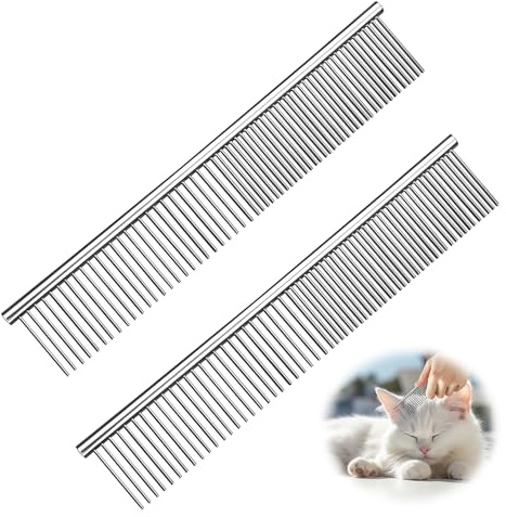 2-en-1 Peigne de Toilettage pour Chiens Chats, Peigne pour Animaux de Compagnie en Acier Inoxydable, 19 * 3cm Extrémités Arrondies Peignes Inox d’Animaux Toilettage pour Enlever Nœuds Emmêlements