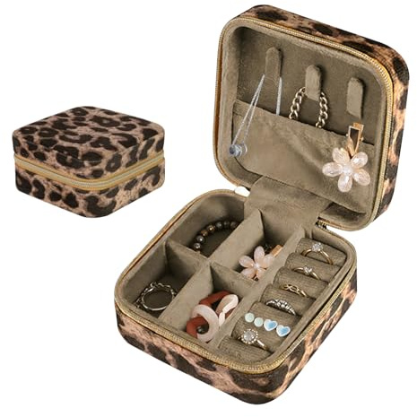 FOSDICK Schmuckkästchen Klein Schmuckaufbewahrung Leopardenmuster Schmuckkasten Reise Schmuckschatulle Samt Schmuck Organizer Schmuckbox Mini Schmuck Aufbewahrung Kleine Geschenke für Frauen Mädchen