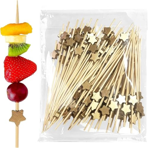 KIMHOME 100 pezzi di stuzzicadenti da cocktail, stuzzicadenti da cocktail in bambù con stella dorata, spiedini per bevande, feste, frutta, alimenti, accessori per taglieri di salumi