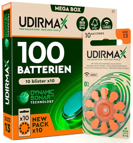 100 Batterie per Apparecchi Acustici PR48 Misura 13 (Arancioni) Udirmax - Pile Zinco-Aria Senza Mercurio 1,45V e Tecnologia Dynamic Sonar - Eco Pack 10 Blister Ecologici da 10 Pile