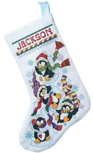 Janlynn 80-0477 Penguin Joy Stocking Counted Cross Stitch Kit, 18 diagonally, Light Blue