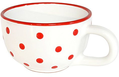 UNGARNIKAT - Jumbo Tasse 500ml mit Griff - Kaffeetasse Groß/Müsli Becher/Suppentassen mit Henkel - Weiß mit handbemalte Rote Punkten, Spülmaschinefest
